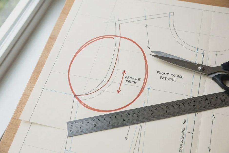  Flat pattern with armhole depth marked in red, scissors and ruler beside it