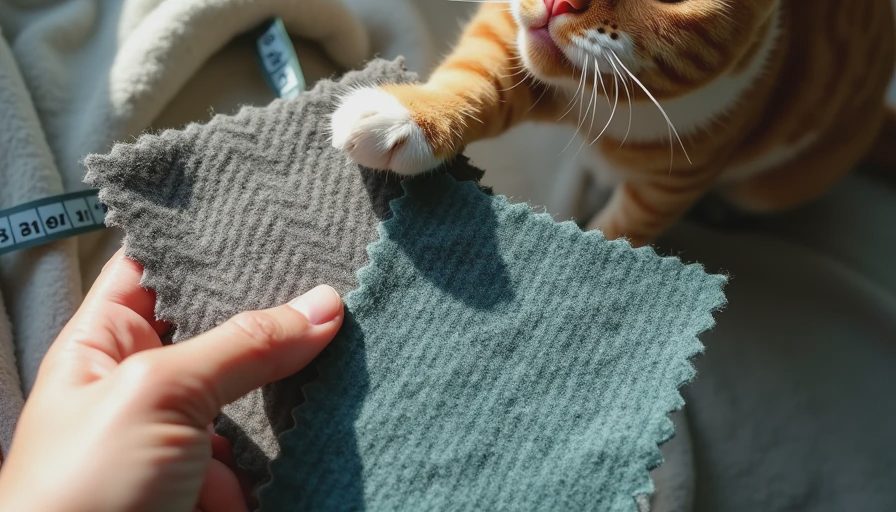 Cat paw touching a grey wool fabric swatch while a hand holds two samples
