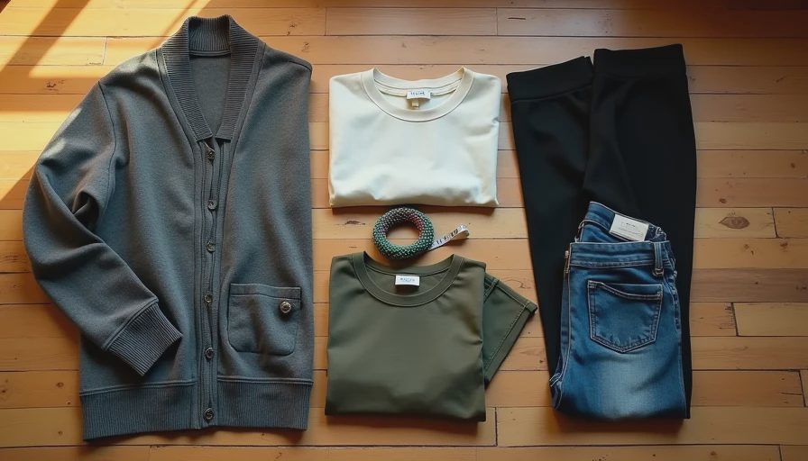 Flat lay of cardigan, sweatshirt, pants, jeans, tee, and beaded bracelet on wooden floor
