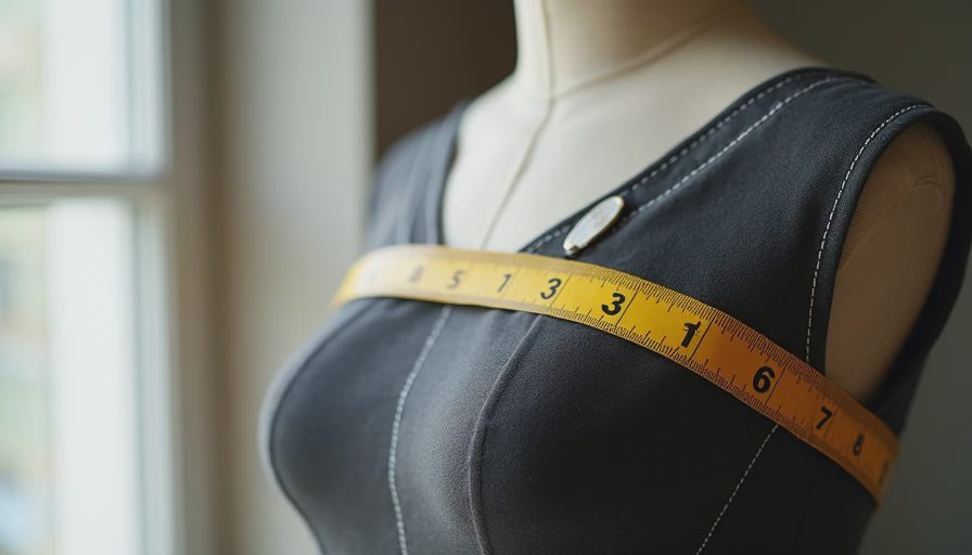 Close-up measurement of shoulder-to-bust ratio on garment showing pattern grading details