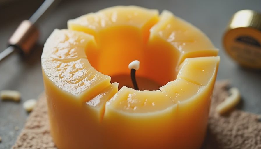 Close-up of cracked candle removed from mold showing manufacturing imperfections