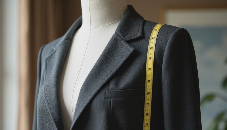 Detailed view of well-fitted plus-size blazer shoulder and armhole construction